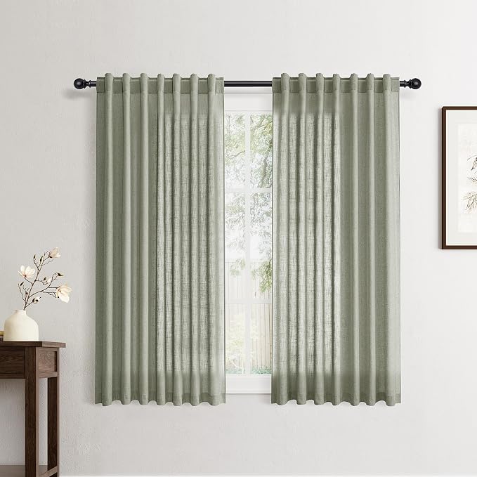 Jowels Sage Green Linen Curtains 54 Inch Long 2 Panels for Living Room | Light Filtering Semi Sheer Curtain, Back Tab Pocket Pleated Look, Boho Farmhouse Textured Privacy Drapes for Bedroom Window