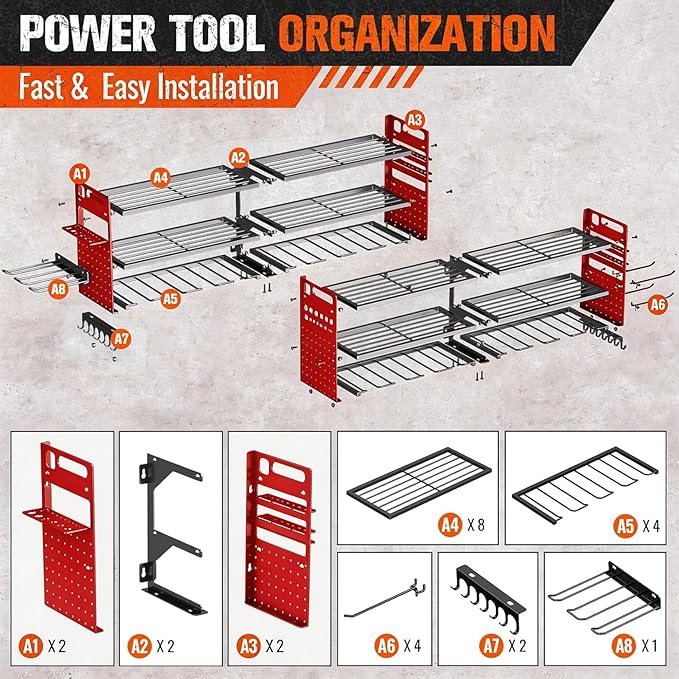 2-Pack Large Power Tool Organizer Wall Mount,Heavy Duty Cordless Tool Organizer with 18 Drill Holder,600 Lbs Capacity 3-Layer Garage Organization for Garage and Workshop (Red)