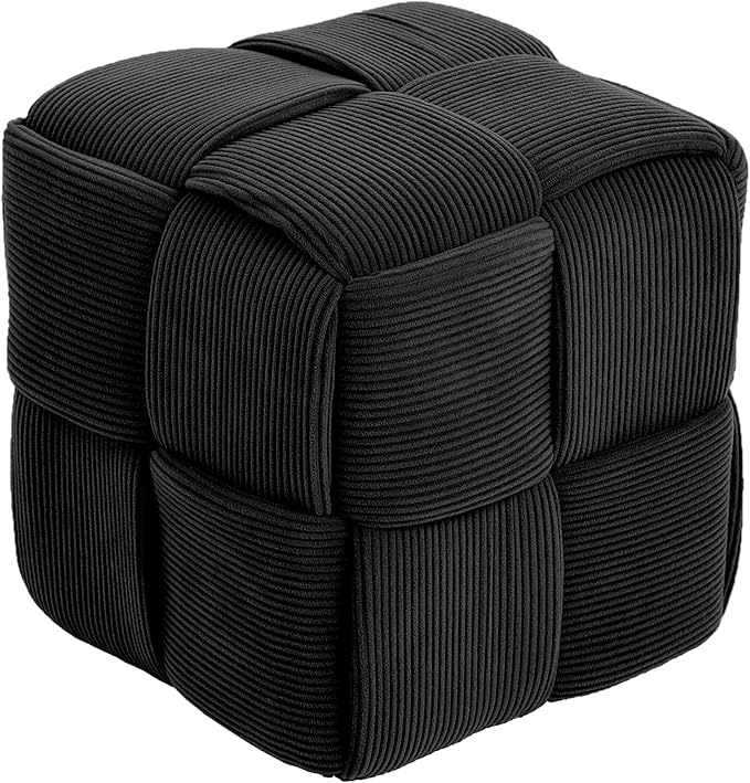 Cmishe 15" Square Woven Corduroy Ottoman Footrest - Modern Vanity Stool for Living Room & Entryway, Eco-Friendly Wood Frame, No Assembly (Black)