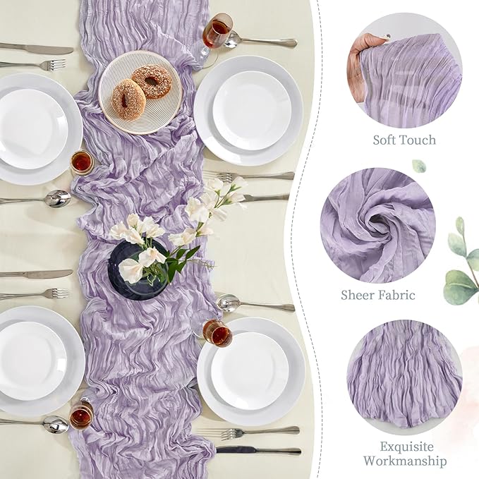 6 Pack Purple Mother’s Day Cheesecloth Table Runner 10FT Long Spring Boho Gauze Table Runner Rustic Sheer Runner for Wedding Bridal Baby Shower Birthday Party Table Decor Home Easter Decorations