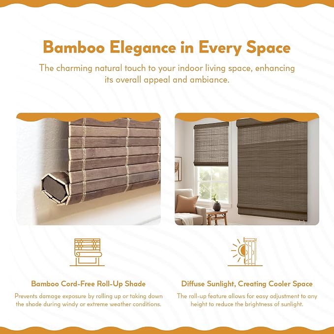 Radiance Cordless Bamboo Roman Shades for Windows - Flatstick Bamboo Blinds for Semi-Private Light Control - Easy to Lift & Fold Up Window Shades - Driftwood - 48 in. W x 64 in. L - (2216620E)