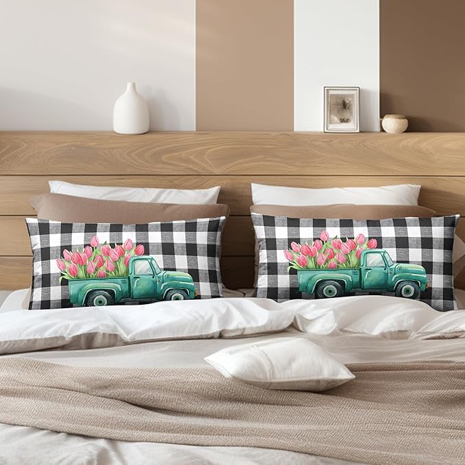 Pink Tulip Lumbar Pillow Covers Spring Truck Rectangle Pillow Case 12x20 Tulip Buffalo Check Decorative Waist Pillowcase for Couch Living Room Bedroom Set of 2