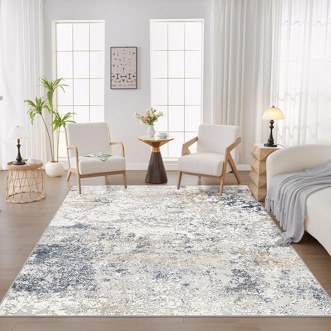 DMOYEST Square Area Rug Living Room Rugs - 8x8 Washable Large Soft Indoor Neutral Modern Abstract Low Pile Rug Carpet for Bedroom Dining Room Farmhouse Home Office - Beige Blue