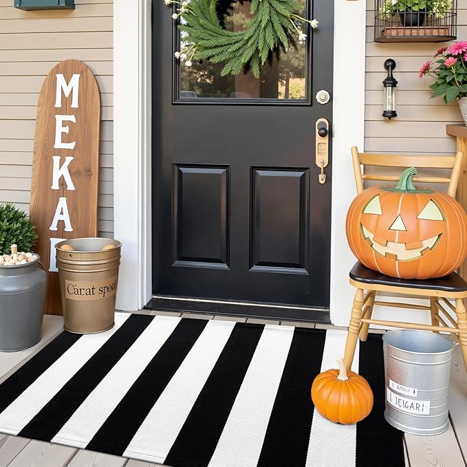 OLANLY Black and White Striped Rug 2'4" x 3'7" (27.5" x 43") – Washable Cotton Indoor Outdoor Doormat for Front Door, Entryway, Kitchen, Porch, Patio Decor