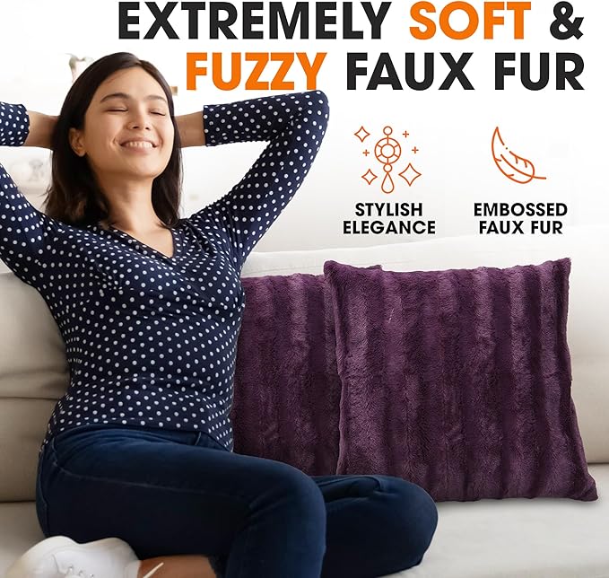 Cheer Collection Faux Fur Throw Pillows - Decorative Pillows for Couch, Bed Throw Pillows, Purple Accent Pillows for Bedroom or Living Room Aesthetic, Set of 2 Furry Throw Pillows, 22" x 22"