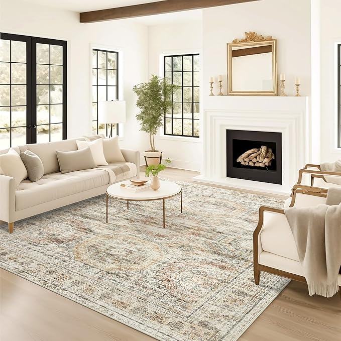 Soalmost 9x12 Area Rugs for Living Room, Non Slip Machine Washable Vintage Rugs, Low Pile Lightweight Large Rug for Bedroom, Dining Room, Home Office Brown Pink