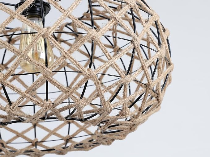 Coastal Large Woven Plug in Pendant Light with 14ft Handmade Woven Light Cord, Rustic Handmade Hemp Rope Hanging Lamp for Bedroom Kitchen Island Farmhouse Dining Room Living Room,17.8 inch Width