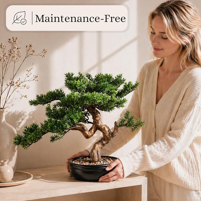 Artificial Bonsai Tree 16" Tall with Realistic Wood and Ceramic Pot, Fake Plants for Home, Bedroom and Office Desk, Japanese Decor