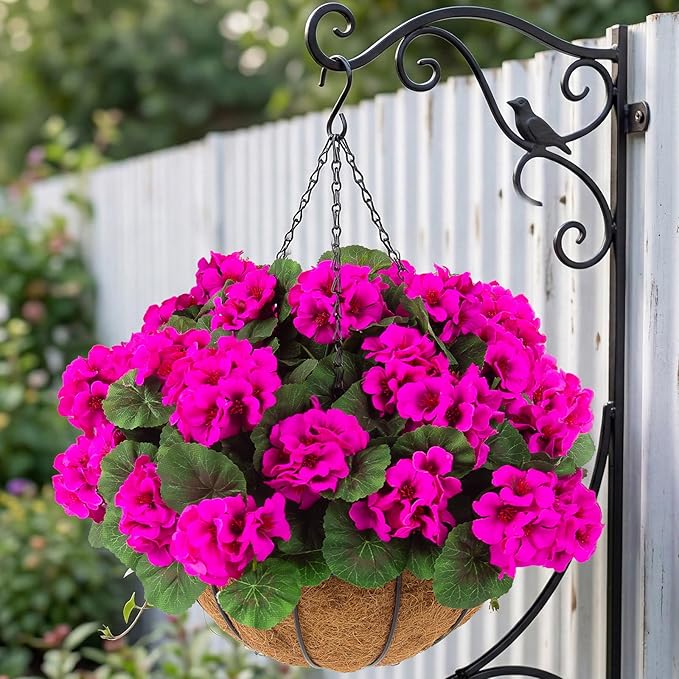Hananona 2 Set Artificial Outdoor Geraniums Flowers with Hanging Basket, 2 Hanging Planters with 12 Pcs Red Geranium Flowers for Spring Summer Front Porch Garden Patio Home Decor (2, Rose Red)