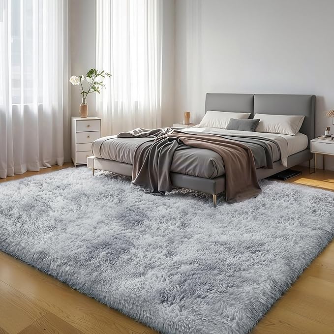KICHOWUA Thick Area Rug Light Grey Fluffy 4x6 for Bedroom, Soft Shag Comfy Washable Rug for Living Room Dorm Kids Baby Nursery, Plush Shaggy Non-Slip Fuzzy Carpet, Tie Dye Gray