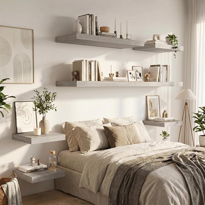 Vivelove 12" Deep Floating Shelves for Wall 18" Long, Wall Shelves for Bedroom Living Room Bathroom Kitchen Laundry Room, Farmhouse Rustic Shelves for Home Decor, 18" X 12" X 2" Set of 2, Grey