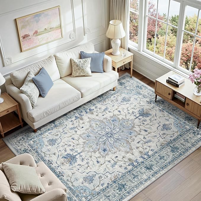 RELEANY Area Rugs 7'x9' Washable Non-Slip, Floral Vintage Distress Print Pattern Medallion Carpet for Living Room Bedroom Dining Room, Light Blue Navy Beige Gray White