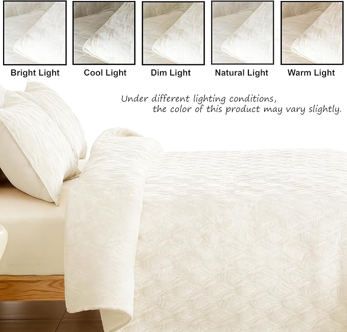 Velvet Quilt Set Oversized King Size 120x128 Bedspread with 2 Pillow Shams Ultra Soft Polyester Bedding All Season Decor for Bedroom Guest Room Hotel Retro Pastoral Home Decor, Cream white