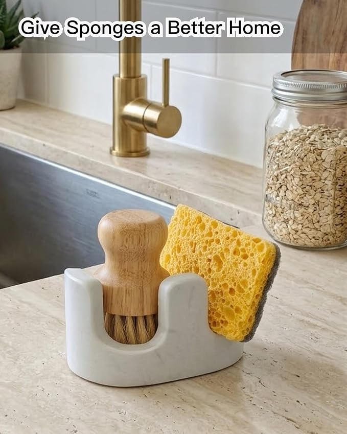 White Marble Sponge Holder for Kitchen Sink, Dual Slot Stone Caddy,Carrara White | 2-in-1 Natural Stone Sponge & Brush Holder, Raised Edge Helps Catch Water, Keeps Countertops Dry , Keeps Countertop Dry
