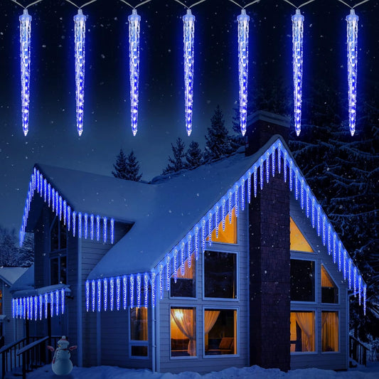 Icicle Lights Outdoor, 19.8Ft Meteor Shower Lights with 20 Tubes, Snowfall Shooting Star Light Effect, Falling Cascading Crystal Christmas Decorations for House, Eave, Roofline, Patio, Blue