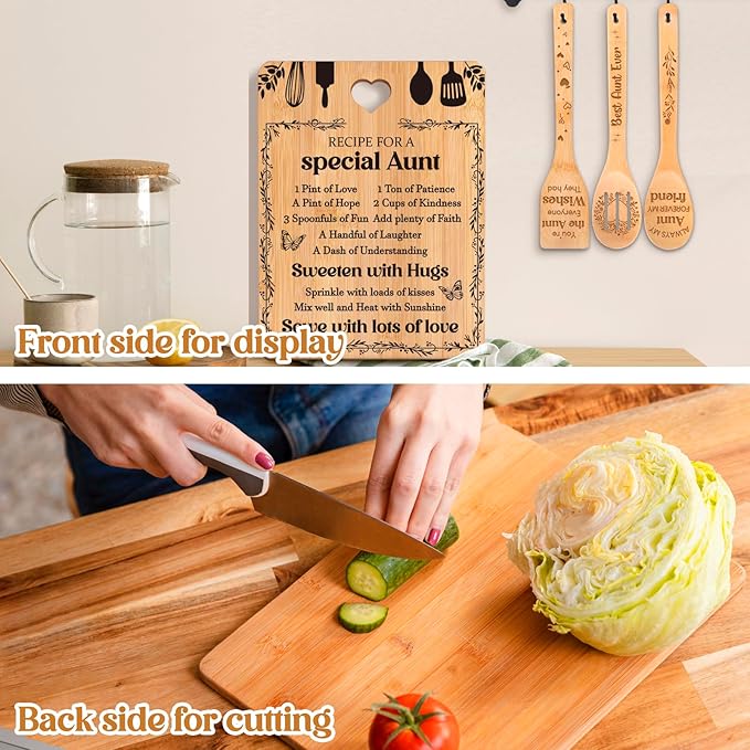 Gifts for Aunt - "Recipe for a Special Aunt" Aunt Birthday Gifts Cutting Board Set, Bamboo-Made Engraved Utensil Set, Aunty Birthday Gifts, Mothers Day Gifts for Aunt