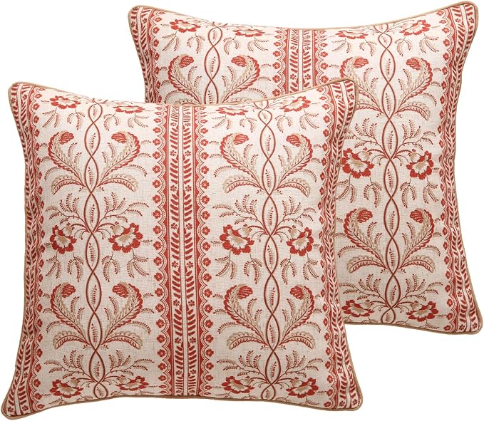 ISAENNE Designer Linen Throw Pillow Cover,Set of 2,18"x18"-Chamonix A | Vintage Elegant Square Pillow Cover,Concealed Zipper Design,Floral Pattern,Sofas,Bedroom,Living Room,Lounge Chairs