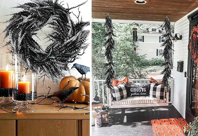 RECUTMS 2pcs Black Garland Artificial Boston Palnts 6 FT Fern Garland Faux Hanging Greenery Halloween Wreath for Outdoor Indoor Halloween Decor (Black+White)