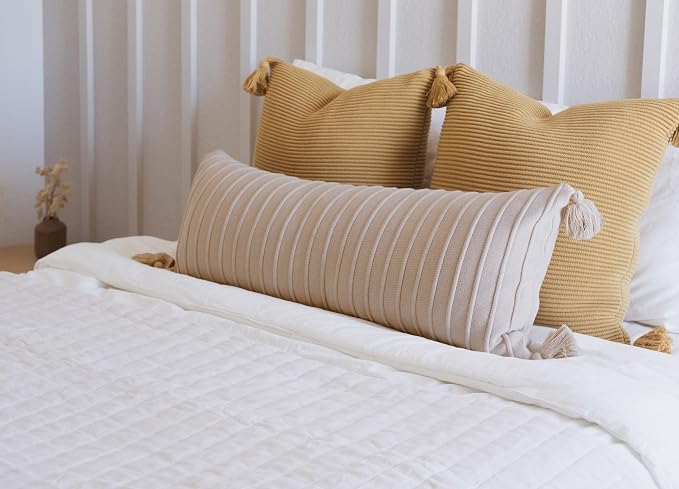 14x36 Cotton Knit Lumbar Pillow Cover – Ribbed Texture with Tassels, Decorative Accent for Bed or Sofa (Neutral)