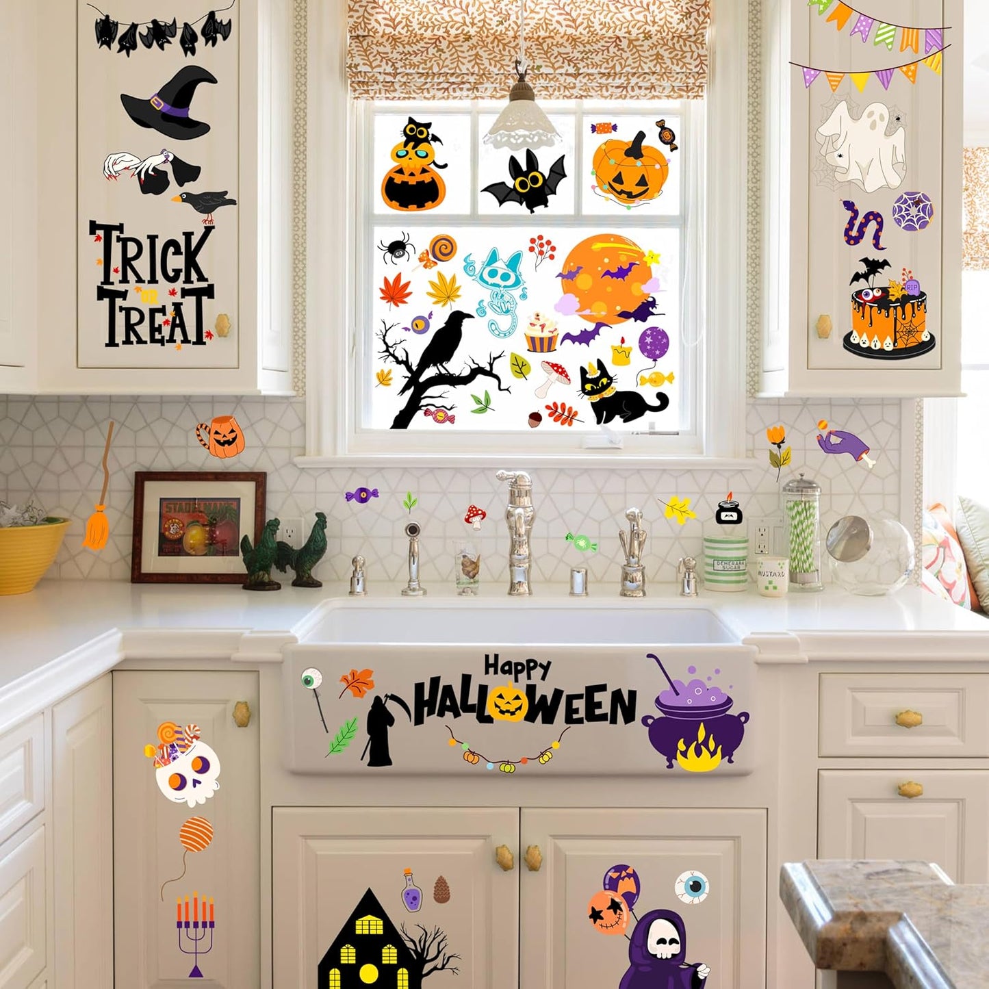 Halloween Window Clings - Halloween Decorations Static Window Stickers for Glass, Removable Large Double-Sided Window Decals for Indoor Home Decor, Bat Fall Cute Party Gift, 65 PCS/9 Sheet