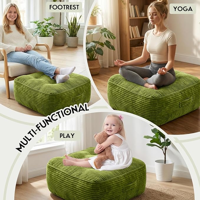 11" Thick Washable Floor Pillow for Adults, Yoga & Meditation Cushion with Handle, Square Large Pillows Seating with Removable Tufted Corduroy Cover for Tatami Living Room Board Games, Green