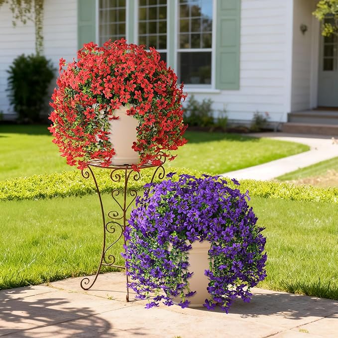 Artificial Hanging Baskets Outdoor, 4 Bundles Artificial Hanging Flowers Outdoors Spring Summer Decoration, No Fade Realistic Fake Hanging Baskets for Porch Patio Balcony Home Yard Decor