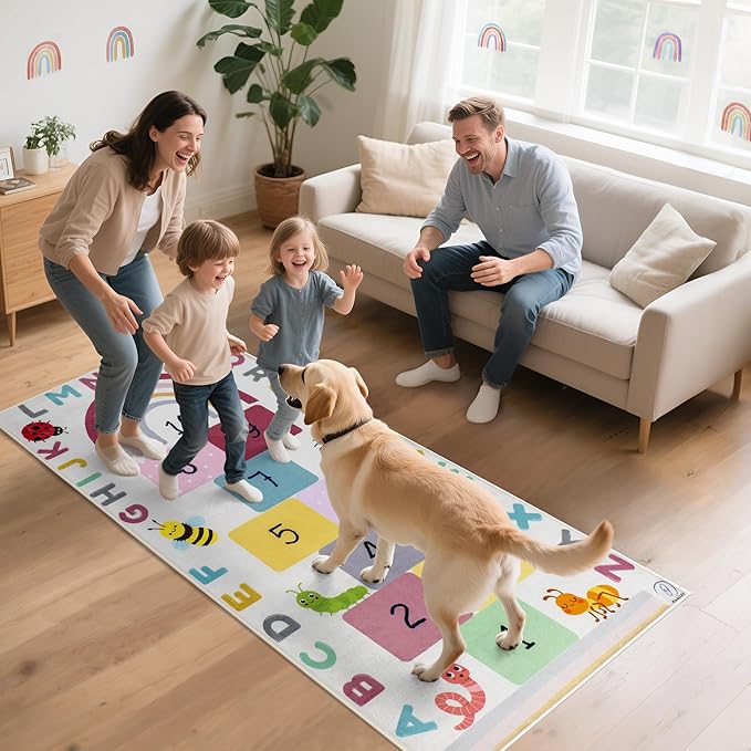 Hopscotch Rug for Kids, Hopscotch Play Mat, ABC Classroom Learning Mat, Small Kids Rug for Playroom, Non-Slip Educational Carpet for Kids Room or Classroom (Numbers & Squares)