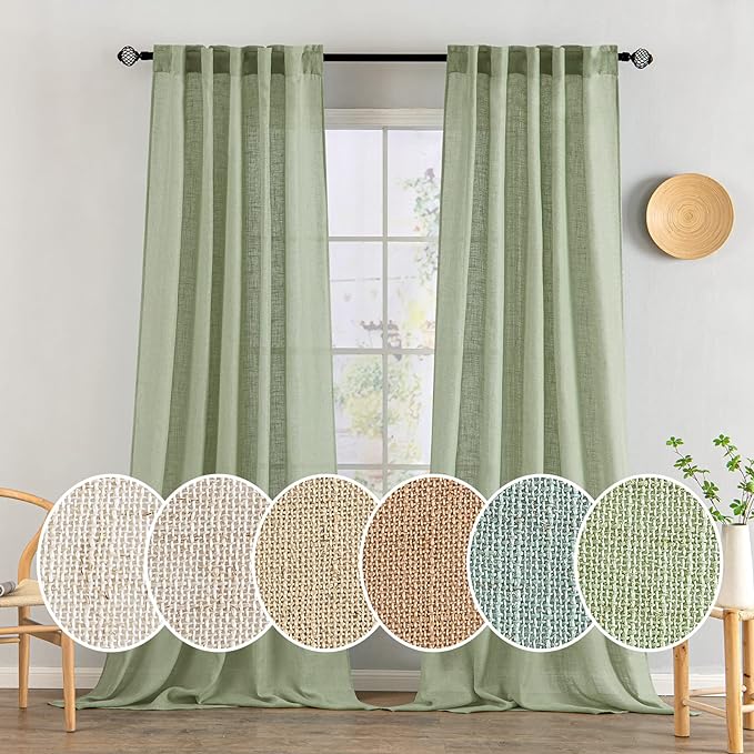 MIULEE Sage Green Linen Curtains 90 Inch Long for Bedroom Living Room, Soft Thick Linen Textured Window Drapes Semi Sheer Light Filtering Back Tab Rod Pocket Burlap Look Farmhouse Decor, 2 Panels