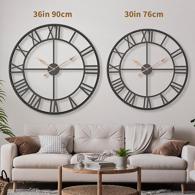 36 Inch Extra Oversized Large Giant Modern Decorative Wall Clock,Vintage Industrial Farmhouse Black Metal Big Roman Numeral Large Clocks for Living Room Decor,Entrance Fireplace,Dinng Room