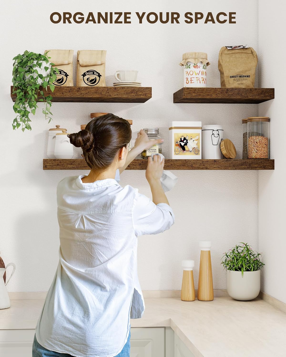 Marsmiles 31.5" Floating Shelves for Wall, Wooden Shelves with Invisible Brackets Set of 2, Rustic Farmhouse Wall Mounted Shelf for Kitchen Bathroom Living Room Study, Rustic Brown