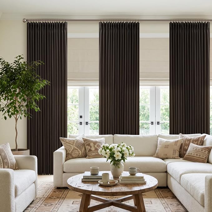Dark Chocolate 105 Inch Pinch Pleated Linen Curtains 2 Panels Set for Living Room Bedroom Boho Farmhouse Light Filtering Semi Sheer Back Tab Pinch Pleat Hooks Rings Window Curtain 105 Inches Long