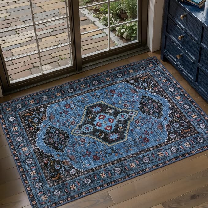 Tangsoo Blue 2x3 Washable Rugs for Entryway Oriental Non Slip Small Area Rug, Vintage Indoor Front Door Rug, Print Door Mat Indoor Entrance Soft Low Pile Throw Rug for Entry Kitchen Bedroom Blue/Black