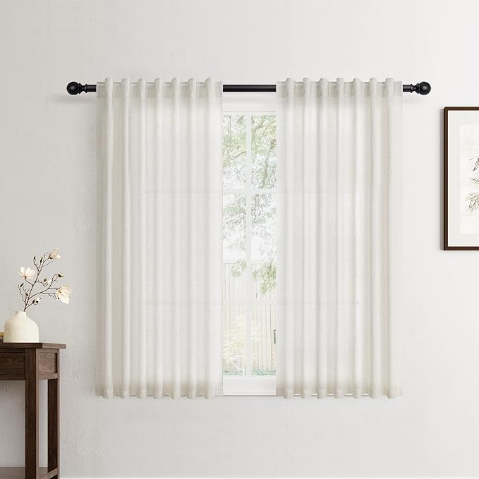 Jowels Natural Linen Curtains 54 Inch Long 2 Panels for Living Room | Ivory Light Filtering Sheer Curtain,Back Tab Pocket Pleated Look,Modern Farmhouse Textured Privacy Drapes for Bedroom Window