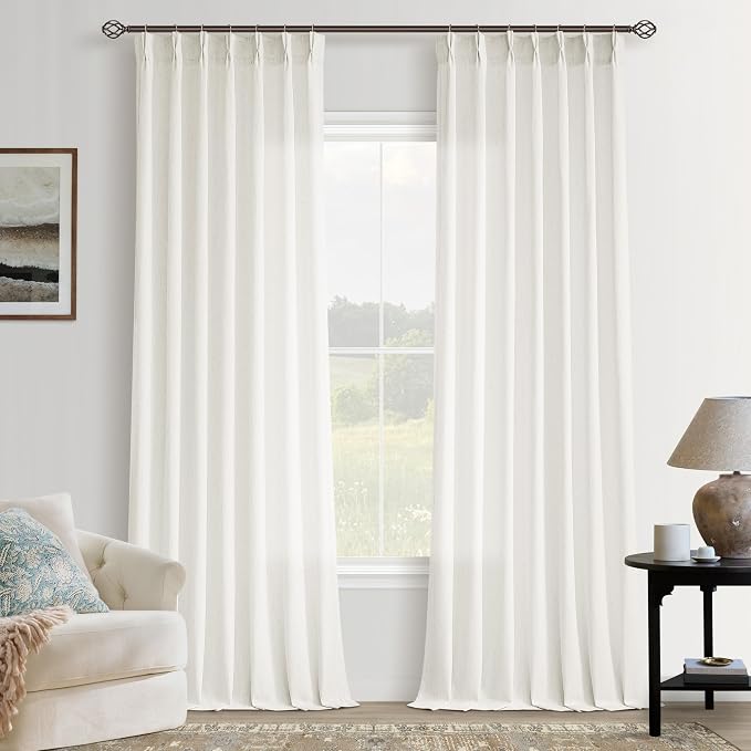 Natural Semi Sheer Linen Pinch Pleat Curtains 105 Inch Long For Living Room | Cream Neutral, Floor To Ceiling Extra Long, Light-Filtering Semi Sheer, Bedroom Sliding Door, Hook Rings Memory Shape, Modern