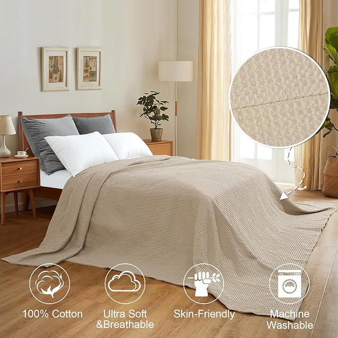 PHF 100% Cotton Waffle Weave Family Blanket Oversized King 120"*120", Pre-Washed Lightweight Breathable, Machine Washable,10'x 10' Huge Extra Large Big, Home Decoration Gift - Khaki/Simply Taupe