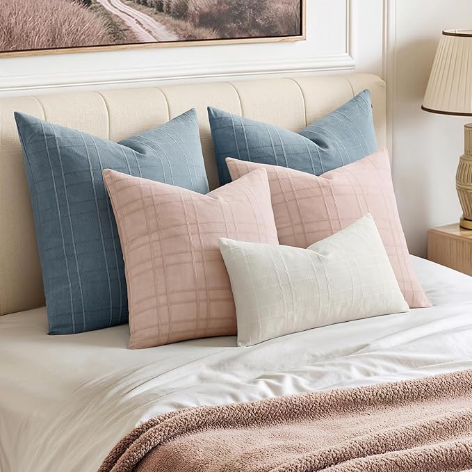 MIULEE Decorative Linen Check Throw Pillow Covers Neutral Farmhouse Vintage Spring Valentine Spring Pillow Covers 18x18 Set of 2 Boho Modern Home Decor for Sofa Couch Bedroom Cushion Light Pink
