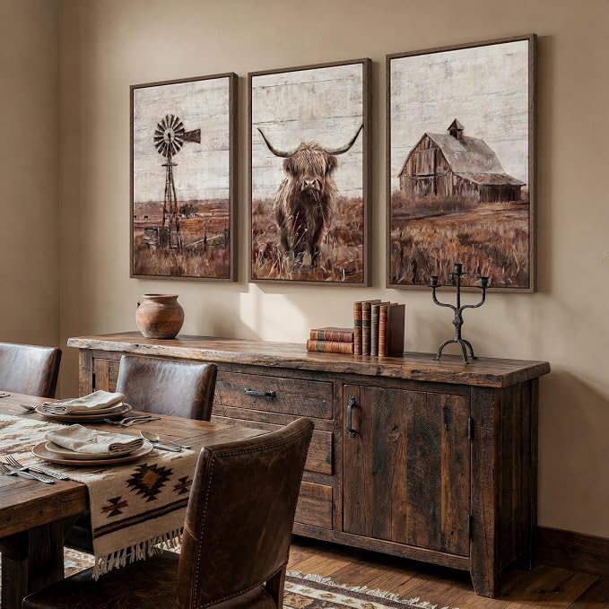 Framed Highland Cow Wall Art for Living Room, Set of 3 Pieces Modern Farmhouse Canvas Prints, Brown Rustic Country Barn Wall Decor for Bedroom Dining Room Hallway 20x30 Inch