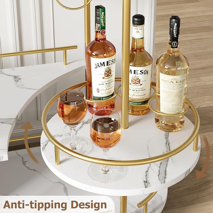 CABIHOME Gold 3-Tier Rotating Bar Cart with Wheels, Modern Serving Cart for Kitchen, Living Room, Dining Room