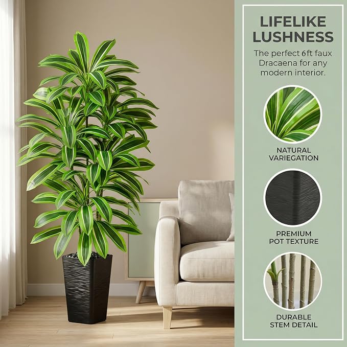 Artificial Dracaena Tree：6FT Faux Silk Tropical Yucca Floor Trees Realistic Fake Green Plant with Natural Wood Trunk & Lifelike Leaves for Home Office Decor Indoor & Outdoor (6FT,1-Pack,Black)