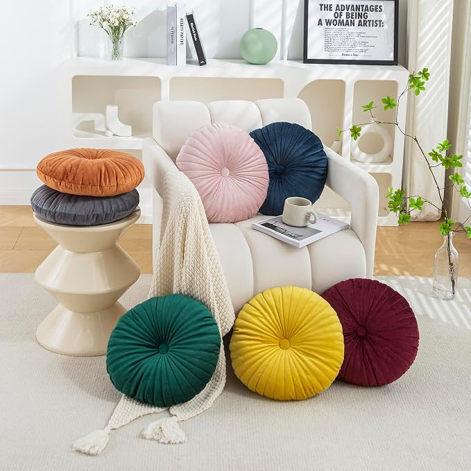 Teieas Velvet Round Throw Pillow Pleated Round Pillow Cushion Decoration for Couch Chair Bed Car Orange
