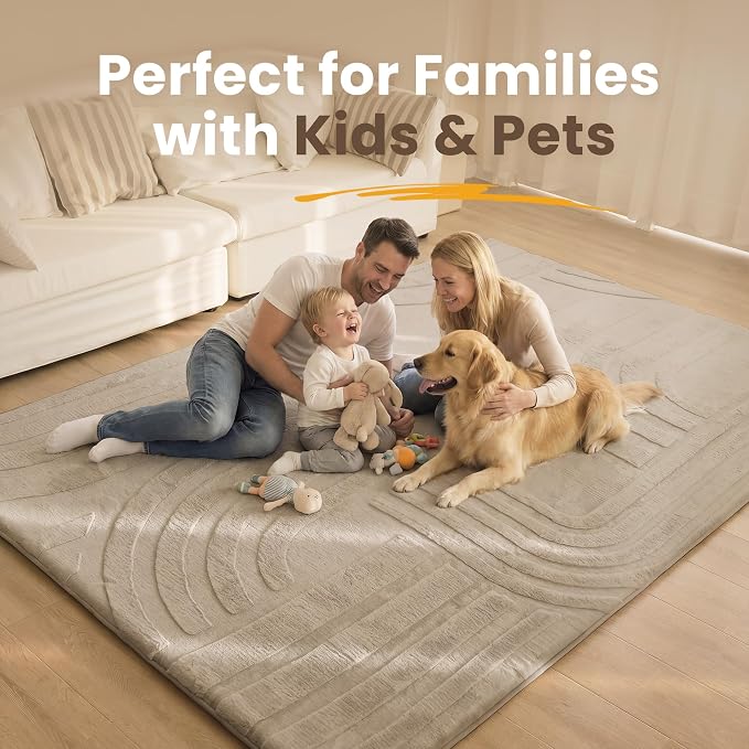 Huloo Sleep Ultra Soft Fluffy Baby Play Mat for Floor,1.3" Thick Cushion Padded Kids Rug with 3D Carved Faux Rabbit Fur,Non-Slip Large Carpet Nursery Rug Area Rug for Playroom Living Room(Light Brown)