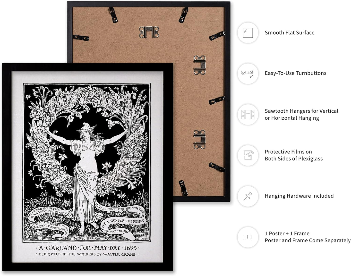 Poster Master Vintage Walter Crane Poster - Retro A Garland for May Day Print - Socialist Art - Gift for Him, Her, Men, Women - Wall Decor for Home, Office, Living Room, 16x20 Black Framed