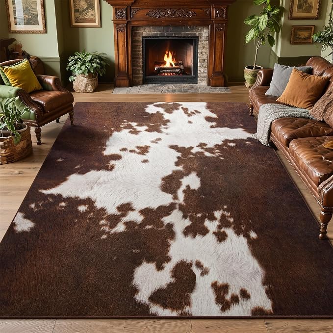 DweIke Cow Print Rugs for Living Room, 4x6 Soft Faux Animal Cowhide Area Rug, Washable Non-Slip Stain Resistant Throw Carpet for Dining Room Office Western Home Decor, Red Brown