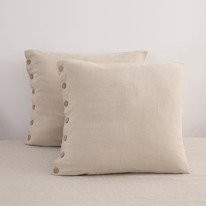 ATLINIA Linen Pillow Cases Euro Sham - 26"x 26" Pillowcase Set of 2, Button Closure Cooling Breathable Square Pillow Cover, Bed Flax Linen Cotton Blend Farmhouse Netural Pillow Sham Linen Color