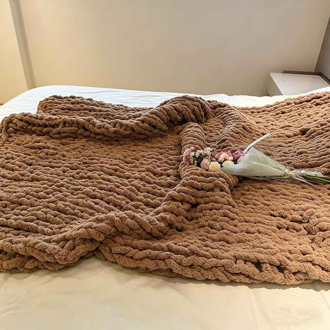 Soft Chunky Knit Throw Blanket for Couch, Cozy Warm Knitted Blankets | Hand Knit with Jumbo Chenille, Lightweight Warm Fluffy Decor for Women, Mom, Her & Girls,Sofa,Chair,Bed,40"×60"(Light Brown)