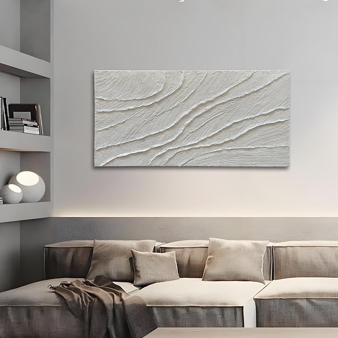 NANKAI Art Hand-Painted 24x48-inch White Texture Art Oil Painting, Modern Abstract Art, Large-Scale Home Wall Decoration