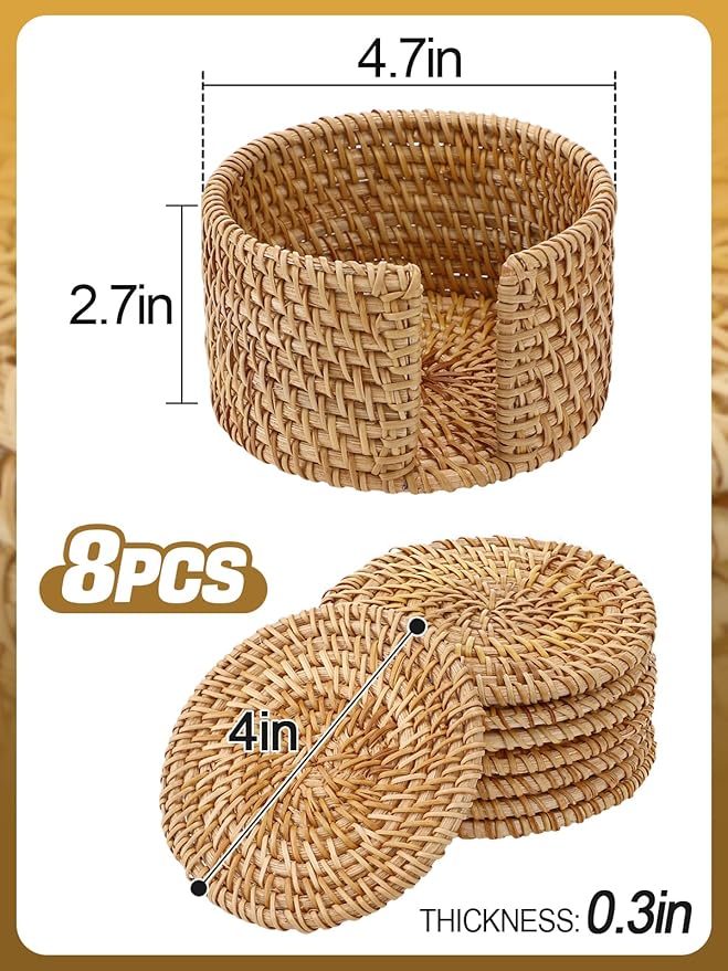 8pcs Natural Handmade Rattan Coasters with Holder - Wicker Drink Coasters Set for Protecting Table, Housewarming Gifts Boho Fall Home Coastal Decor