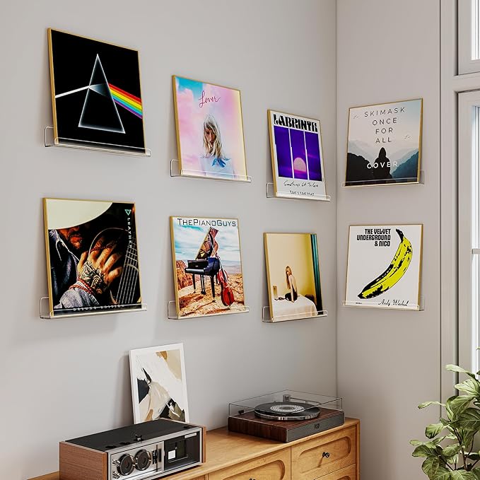 Laurensory 8 Pack Vinyl Record Shelf Wall Mount, 12-Inch Clear Acrylic Album Storage Holder, Floating Display Shelves for Wall Decor, Magazine Shelf, Kids Bookshelf, Suitable for Bedroom, Living Room