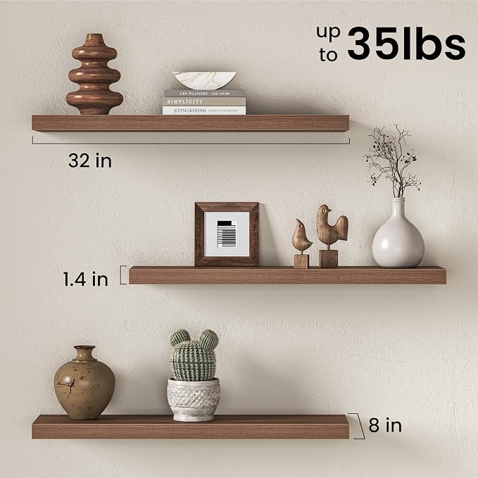 Fun Memories 32Inch Floating Shelves for Wall, 8 Inch Deep Shelves for Bathroom|Bedroom|Kitchen Wall Mounted, Wood Hanging Shelf with Invisible Brackets for Home Storage Decor, Walnut - 3 Pack