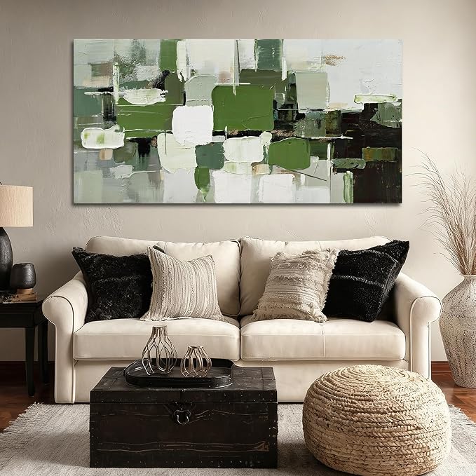 ZUNARE Abstract Geometric Wall Art Green White Black and Gray Canvas Painting, Layered Color Block Modern Artwork for Living Room Bedroom Kitchen Office Wall Decor 24"x48"
